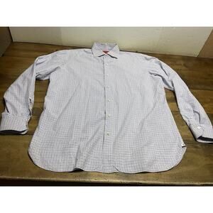 ISAIA NAPOLI Purple Blue Checkered Button Down Dress Shirt Cotton Size 17/43